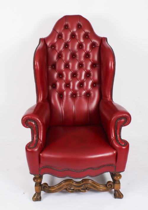 fig 1. Antique Pair Crimson Leather Chippendale Wingback Throne Armchairs c.1920