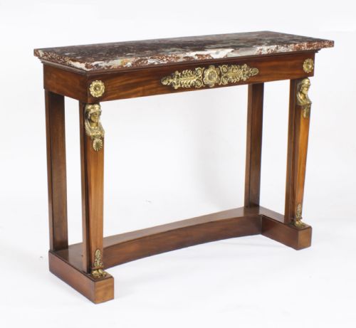 fig 1. Antique Pair French Empire Ormolu Mounted Flame Mahogany Console Tables 19th C