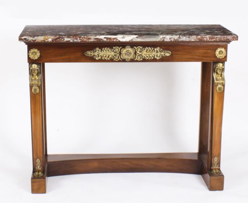 fig 2. Antique Pair French Empire Ormolu Mounted Flame Mahogany Console Tables 19th C