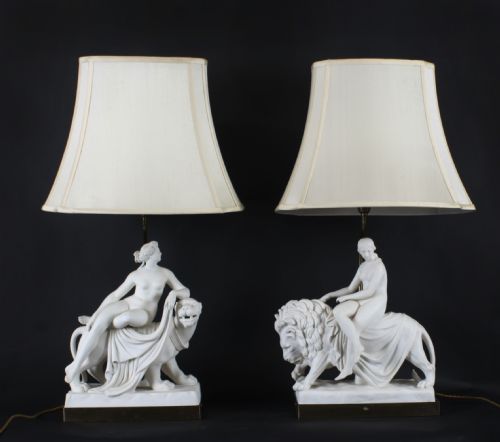 Antique Pair of Minton Parian Porcelain Figure Sculpture Groups Lamps, 19th C