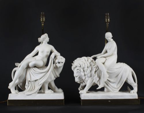 fig 1. Antique Pair of Minton Parian Porcelain Figure Sculpture Groups Lamps, 19th C