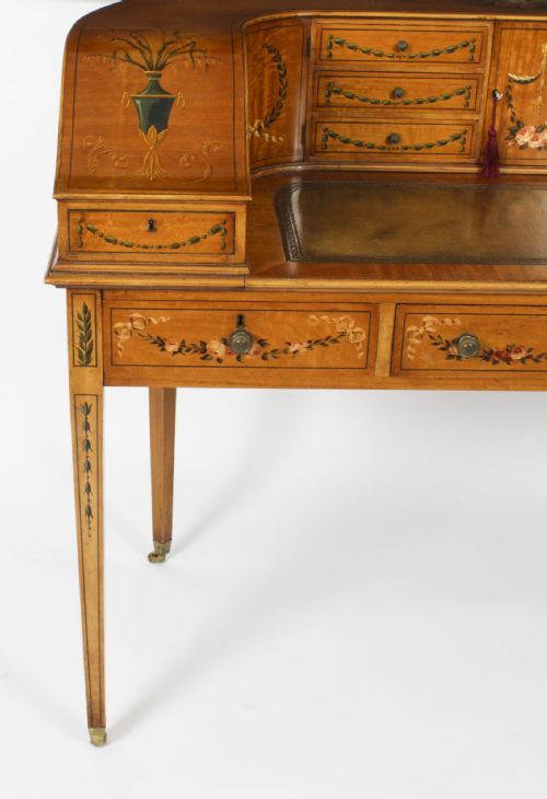 ANTIQUE EDWARDIAN SATIN WOOD FLORAL PAINTED CARLTON HOUSE WRITING DESK C 1900 - ADDITIONAL PHOTO 9