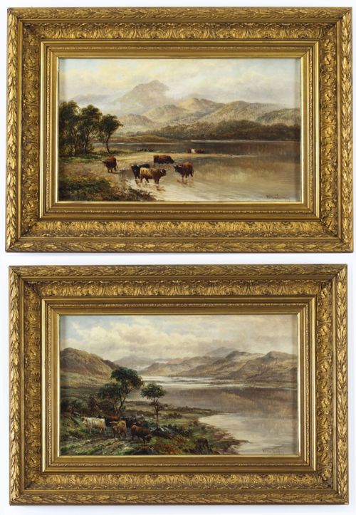 fig 1. Antique Pair Paintings Highland Cattle' William Langley 19th Century