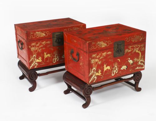 fig 1. Antique Pair Chineses Red Lacquered Leather Chinoiserie Trunks 19th C