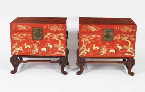 fig 2. Antique Pair Chineses Red Lacquered Leather Chinoiserie Trunks 19th C