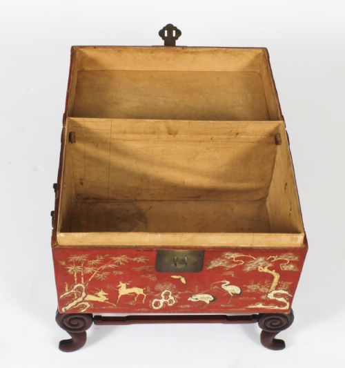 fig 3. Antique Pair Chineses Red Lacquered Leather Chinoiserie Trunks 19th C