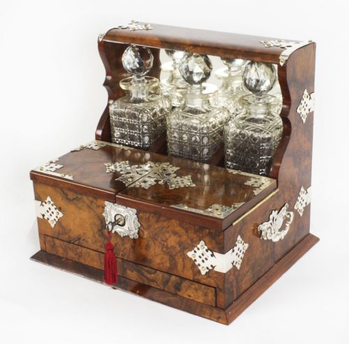 Antique Silver Mounted Burr Walnut 3 Crystal Decanter Tantalus Dry Bar 19th C
