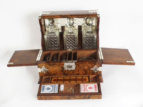 fig 2. Antique Silver Mounted Burr Walnut 3 Crystal Decanter Tantalus Dry Bar 19th C