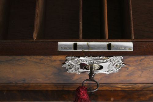 fig 3. Antique Silver Mounted Burr Walnut 3 Crystal Decanter Tantalus Dry Bar 19th C