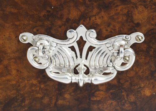 fig 4. Antique Silver Mounted Burr Walnut 3 Crystal Decanter Tantalus Dry Bar 19th C