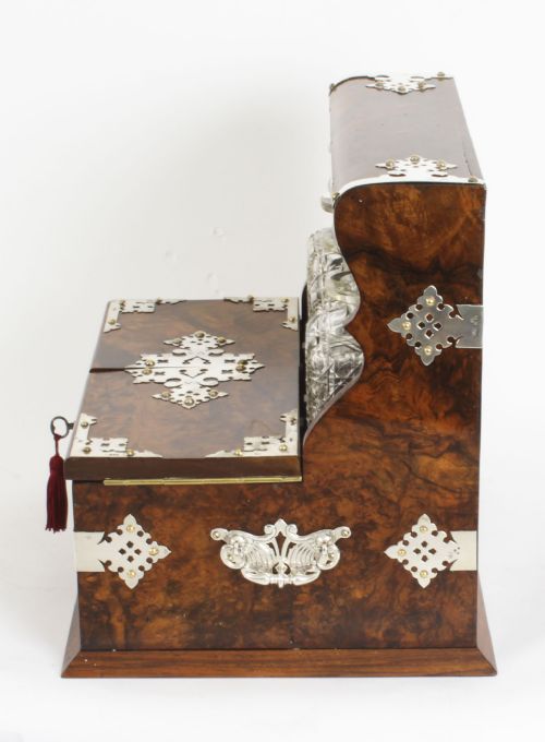 fig 5. Antique Silver Mounted Burr Walnut 3 Crystal Decanter Tantalus Dry Bar 19th C