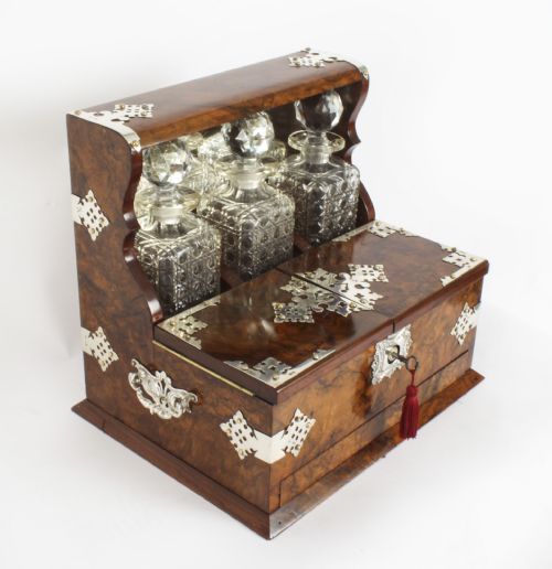 fig 7. Antique Silver Mounted Burr Walnut 3 Crystal Decanter Tantalus Dry Bar 19th C