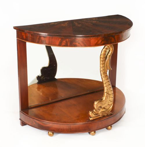 fig 1. Antique Pair Italian Flame Mahogany Giltwood Dolphin Console Tables 19th C