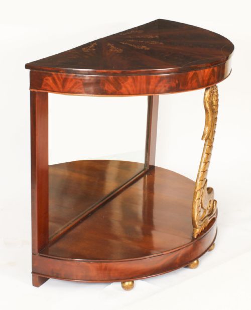 fig 3. Antique Pair Italian Flame Mahogany Giltwood Dolphin Console Tables 19th C