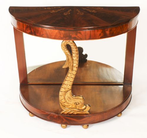 fig 4. Antique Pair Italian Flame Mahogany Giltwood Dolphin Console Tables 19th C