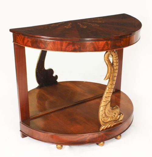 fig 5. Antique Pair Italian Flame Mahogany Giltwood Dolphin Console Tables 19th C