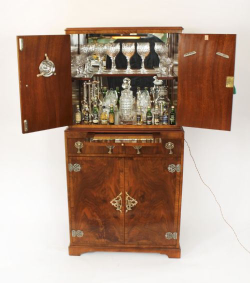 Antique English Ormolu Mounted Burr Walnut Cocktail Cabinet Circa 1920