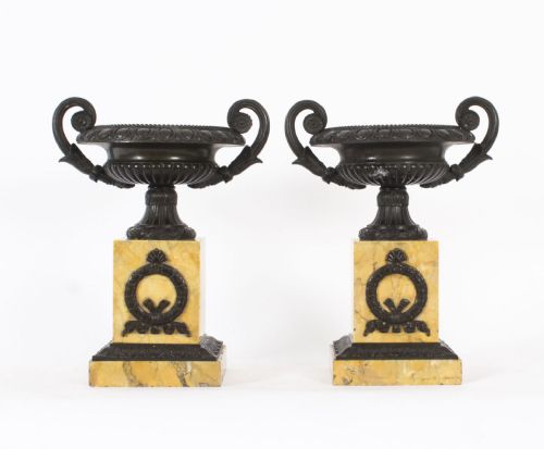 ANTIQUE PAIR FRENCH GRAND TOUR BRONZE SIENA MARBLE TAZZE 19TH C