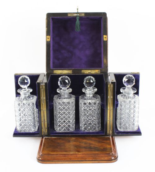 fig 1. 
Antique Victorian Burr Walnut 4 Bottle Crystal Decanter Tantalus 19th Century