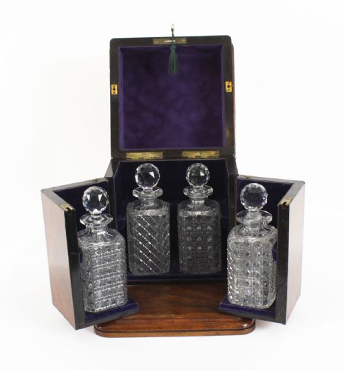 fig 2. 
Antique Victorian Burr Walnut 4 Bottle Crystal Decanter Tantalus 19th Century