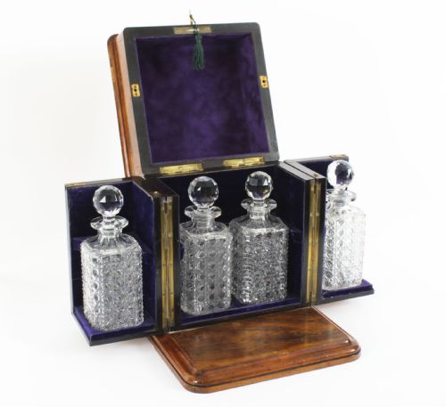 fig 3. 
Antique Victorian Burr Walnut 4 Bottle Crystal Decanter Tantalus 19th Century