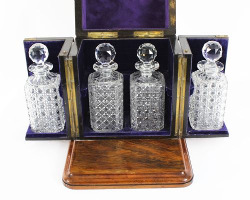 fig 4. 
Antique Victorian Burr Walnut 4 Bottle Crystal Decanter Tantalus 19th Century