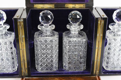 fig 5. 
Antique Victorian Burr Walnut 4 Bottle Crystal Decanter Tantalus 19th Century