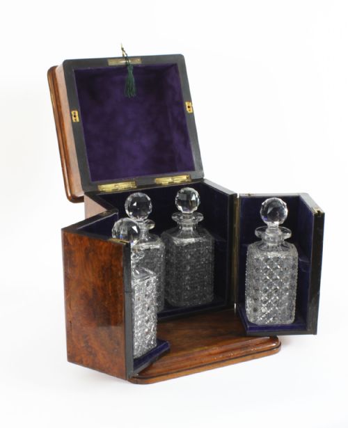 fig 6. 
Antique Victorian Burr Walnut 4 Bottle Crystal Decanter Tantalus 19th Century