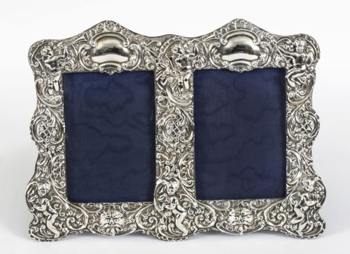 Antique Sterling Silver Double Photo Frame by Synyer & Beddoes 1901 24 X 38cm