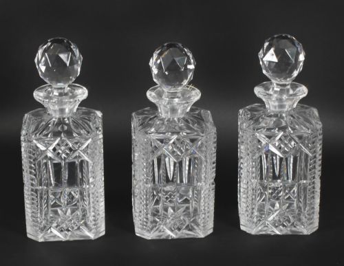 fig 1. Antique Set of Three Cut Crystal Decanters Early 20th Century