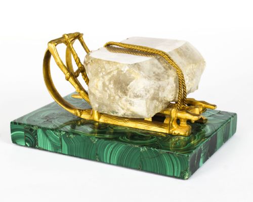Antique Russian Gilt Bronze Malachite Rock Crystal Sleigh Sculpture C 1870