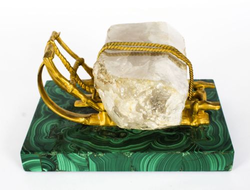 fig 1. Antique Russian Gilt Bronze Malachite Rock Crystal Sleigh Sculpture C 1870