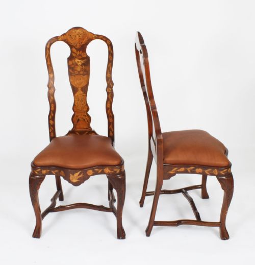 fig 1. Antique Set 8 Dutch Marquetry Walnut High Back Dining Chairs Late 18th C