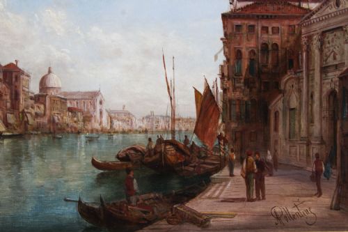 fig 3. Antique Pair Oil Paintings Grand Canal Venice Alfred Pollentine 19th C