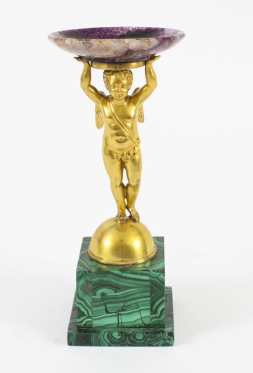 ANTIQUE REGENCY ORMOLU CHERUB TAZZA WITH MALACHITE BLUE JOHN 19TH CENTURY - ADDITIONAL PHOTO 2