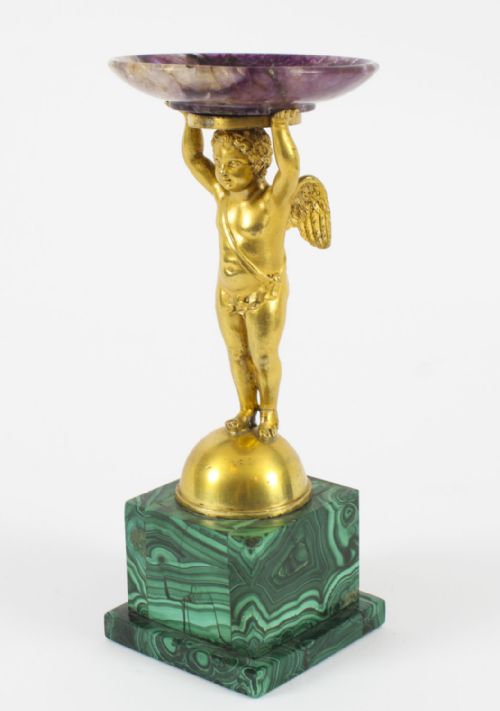 ANTIQUE REGENCY ORMOLU CHERUB TAZZA WITH MALACHITE BLUE JOHN 19TH CENTURY - ADDITIONAL PHOTO 3