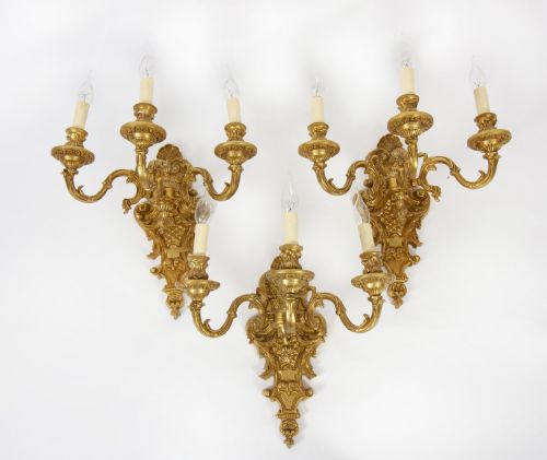 fig 1. Antique Set of 6 French Louis Revival Twin Branch Wall Lights 20th Century