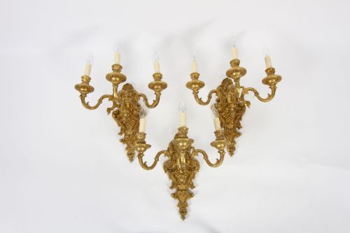 fig 2. Antique Set of 6 French Louis Revival Twin Branch Wall Lights 20th Century