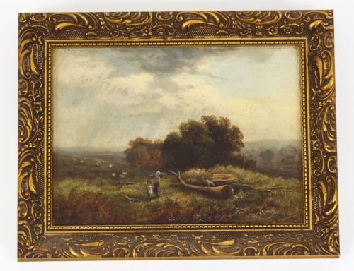 fig 1. A set of six small 19th-century oil landscape paintings depicting rivers, valleys, and figures, each framed in ornate gilt leaf moulding.
