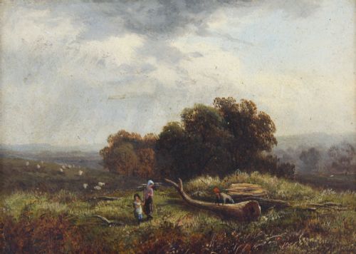 fig 2. A set of six small 19th-century oil landscape paintings depicting rivers, valleys, and figures, each framed in ornate gilt leaf moulding.