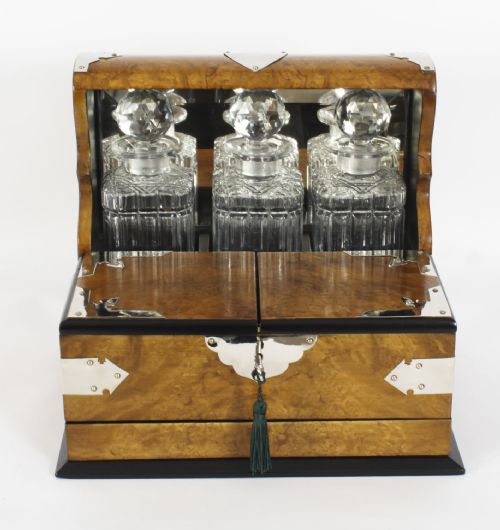 fig 1. Antique English Victorian Burr Walnut 3 Crystal Decanter Tantalus Dry Bar 19th Century