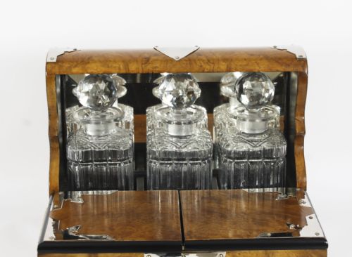 fig 2. Antique English Victorian Burr Walnut 3 Crystal Decanter Tantalus Dry Bar 19th Century