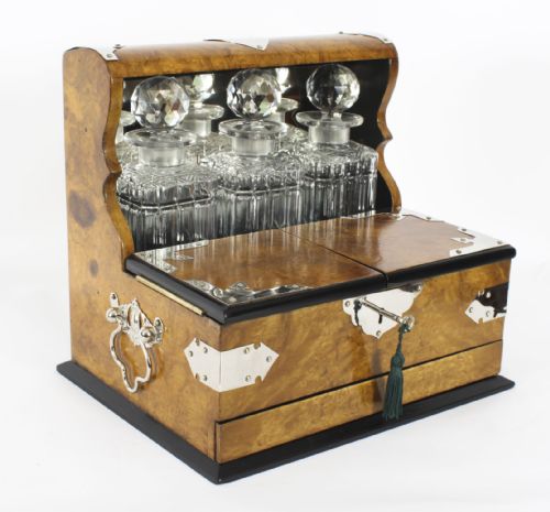 fig 3. Antique English Victorian Burr Walnut 3 Crystal Decanter Tantalus Dry Bar 19th Century