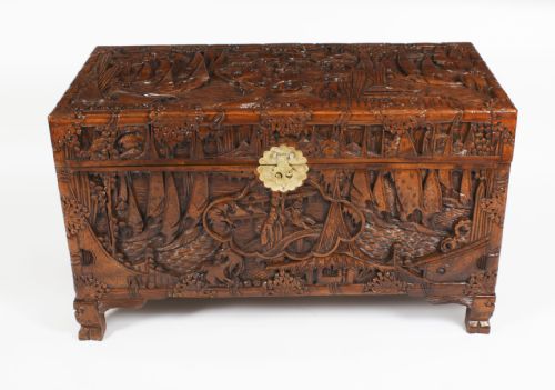 fig 1. Antique Chinese Carved Camphor wood Trunk Coffer 20th Century