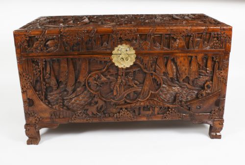 fig 3. Antique Chinese Carved Camphor wood Trunk Coffer 20th Century