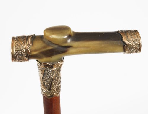 ANTIQUE HORN GOLD MOUNTED WALKING CANE STICK LATE 19TH C 86CM335INCH