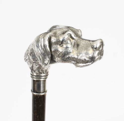 Antique Dogs Head Sliver Handled Walking Stick Cane 19thc 96cm/38 Inch