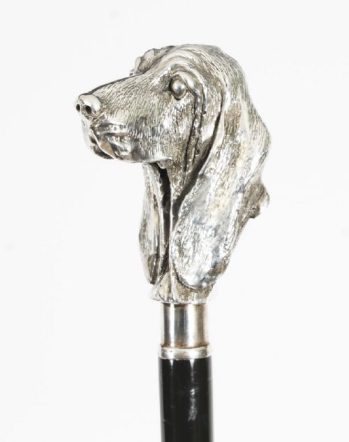 Antique Silver Bassett Dog's Head Walking Cane Stick Late 19th C 97cm/38inch