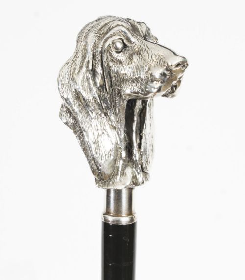 fig 2. Antique Silver Bassett Dog's Head Walking Cane Stick Late 19th C 97cm/38inch