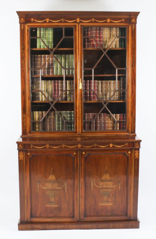 ANTIQUE MARQUETRY INLAID BOOKCASE 19TH C